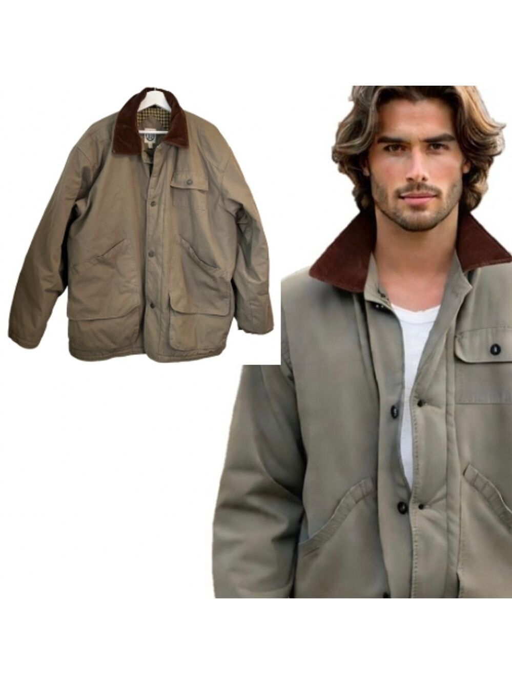 Men's Vintage R&R Chore Jacket Barn Coat Utility Corduroy Collar Khaki Brown 44